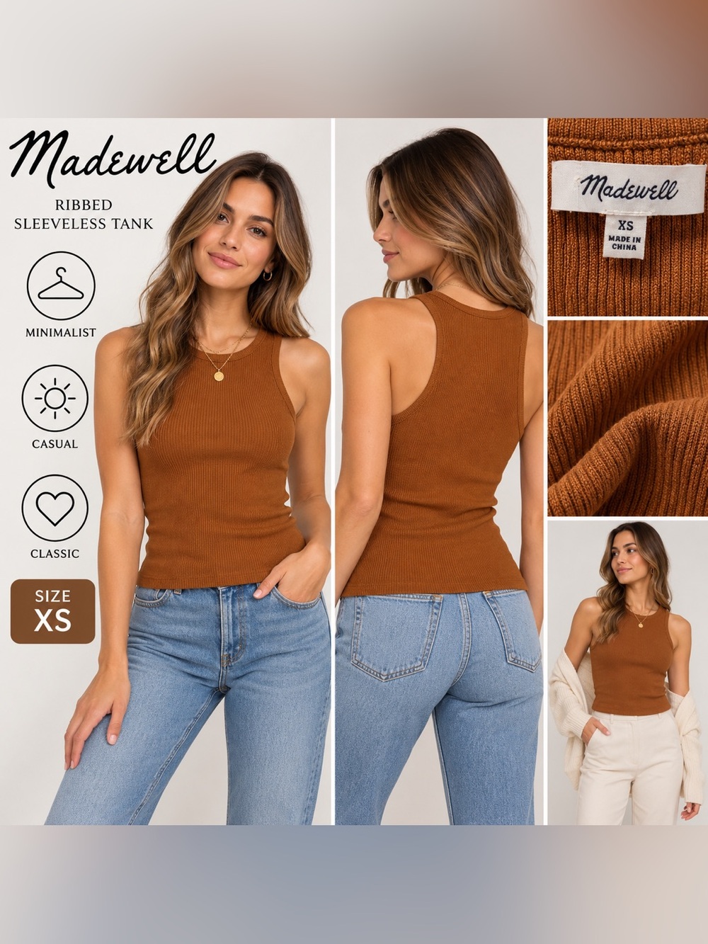 Madewell Ribbed Sleeveless Tank Top XS Rust Brown High Neck